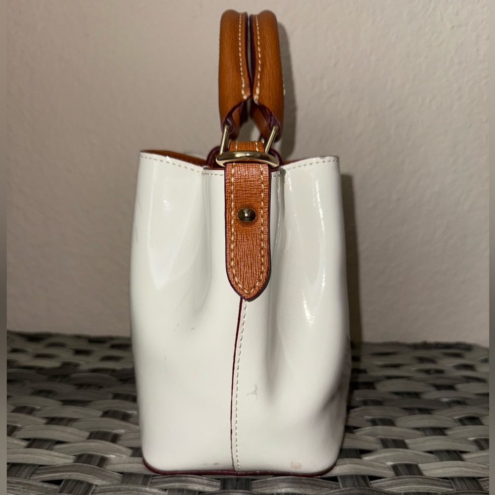 Dooney & Bourke Mini White Patent Leather Satchel Tote with Brown Leather Strap - Picture 9 of 17